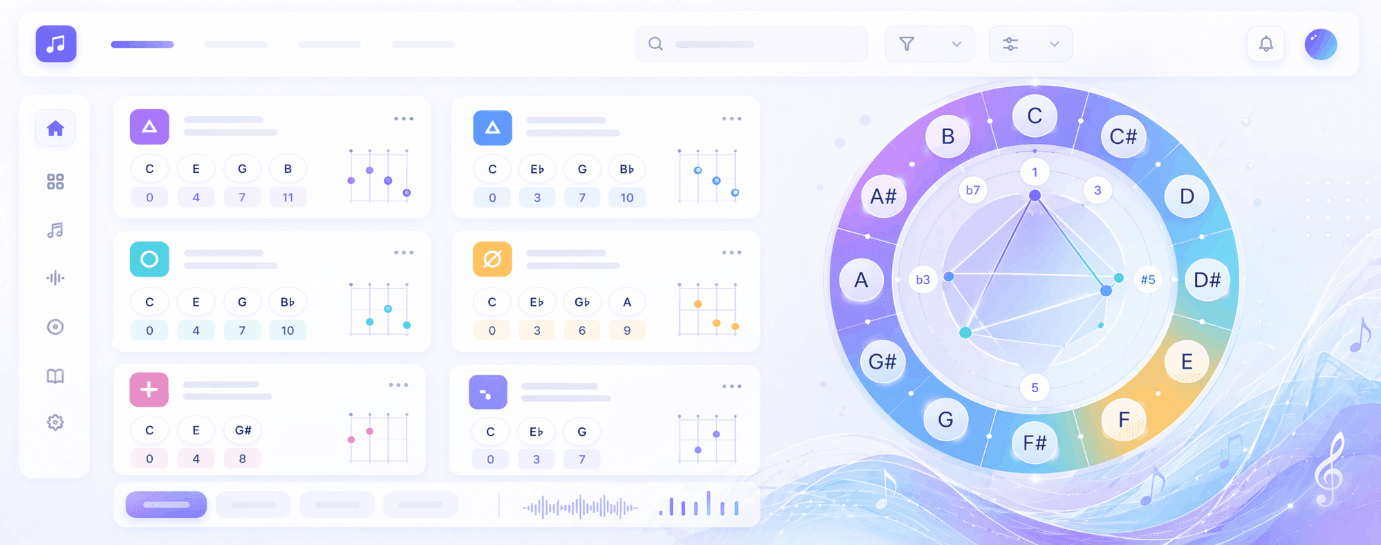 TerryTrilla chord library interface: chord catalog organized by category including triads, seventh chords, extended, altered, suspended, and power chords, alongside an interactive visualization in the TerryTrilla music Circle for harmonic analysis.