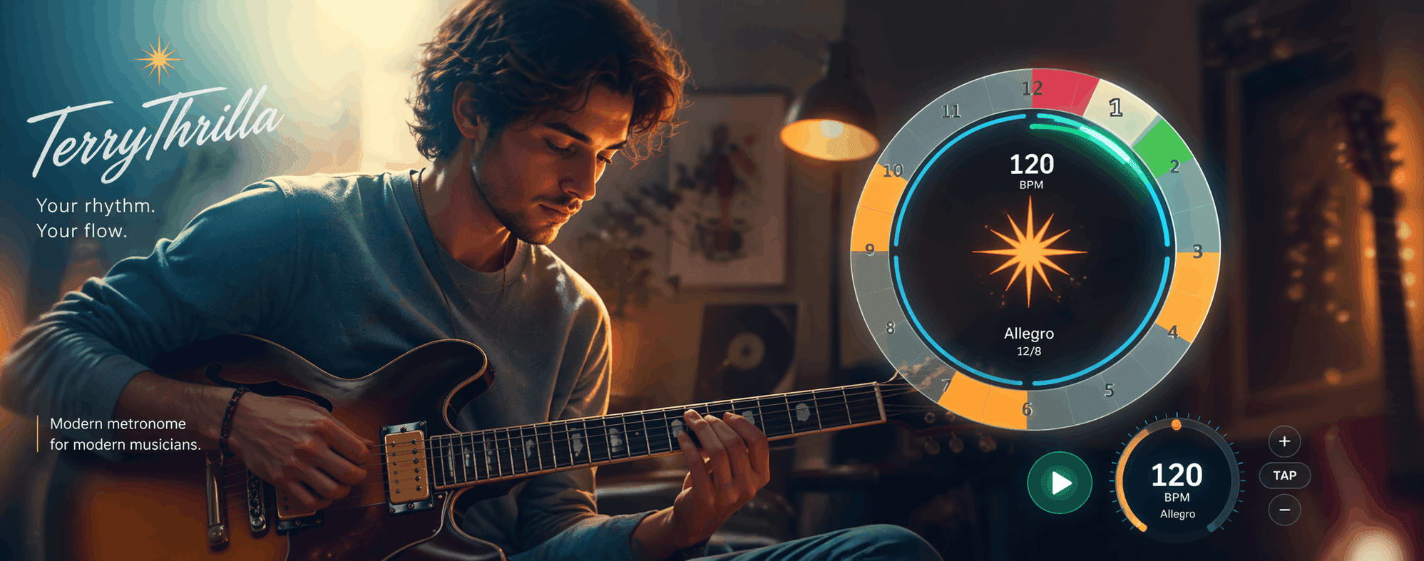 عازف جيتار يتدرّب مع Smart Metronome من Terry Trilla — عجلة إيقاعية دائرية بـ120 BPM في إيقاع 12/8 Allegro مع نجمة نبض مركزية